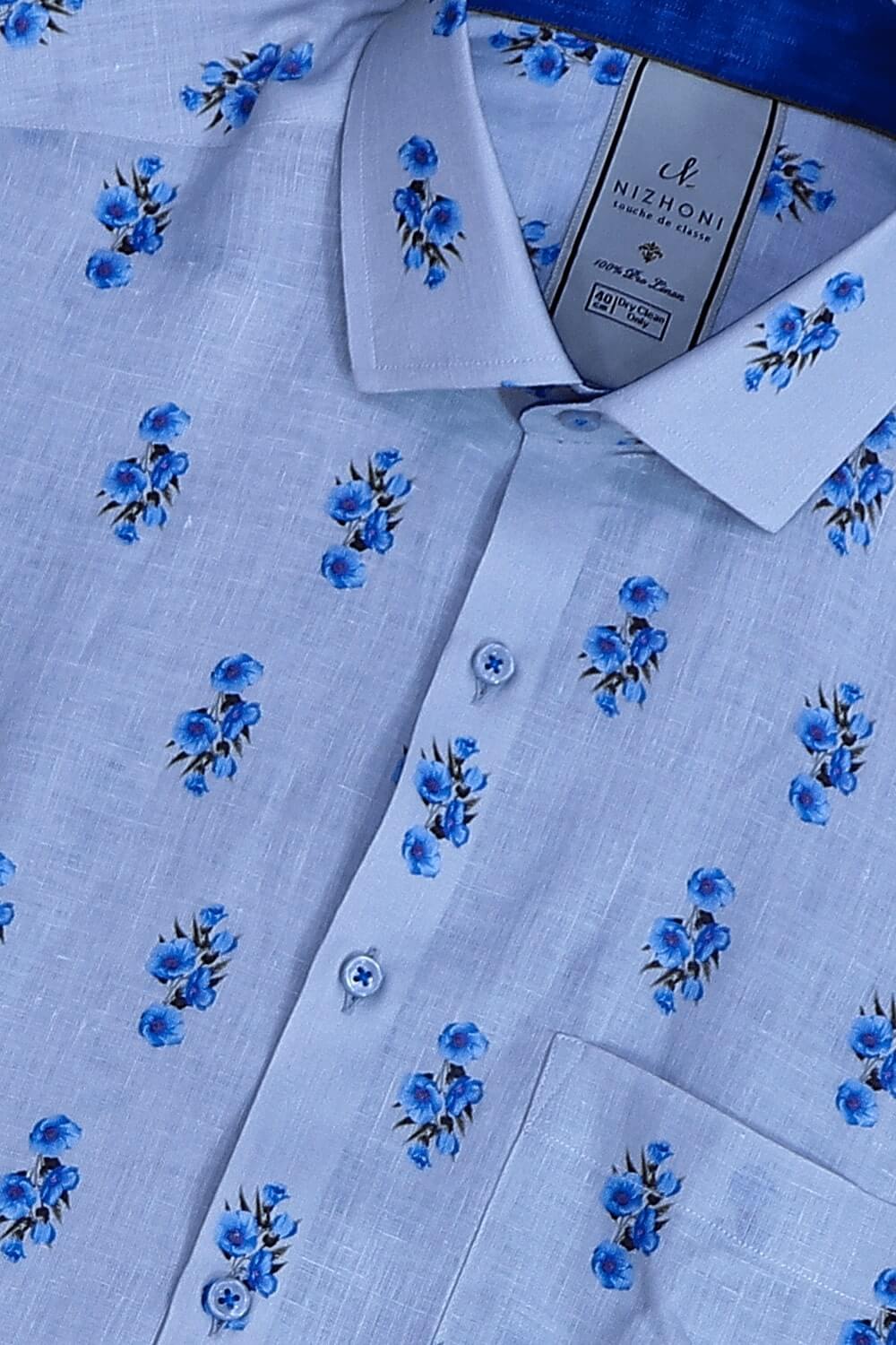 White Blue Flower Print Pro Linen Shirt 8628