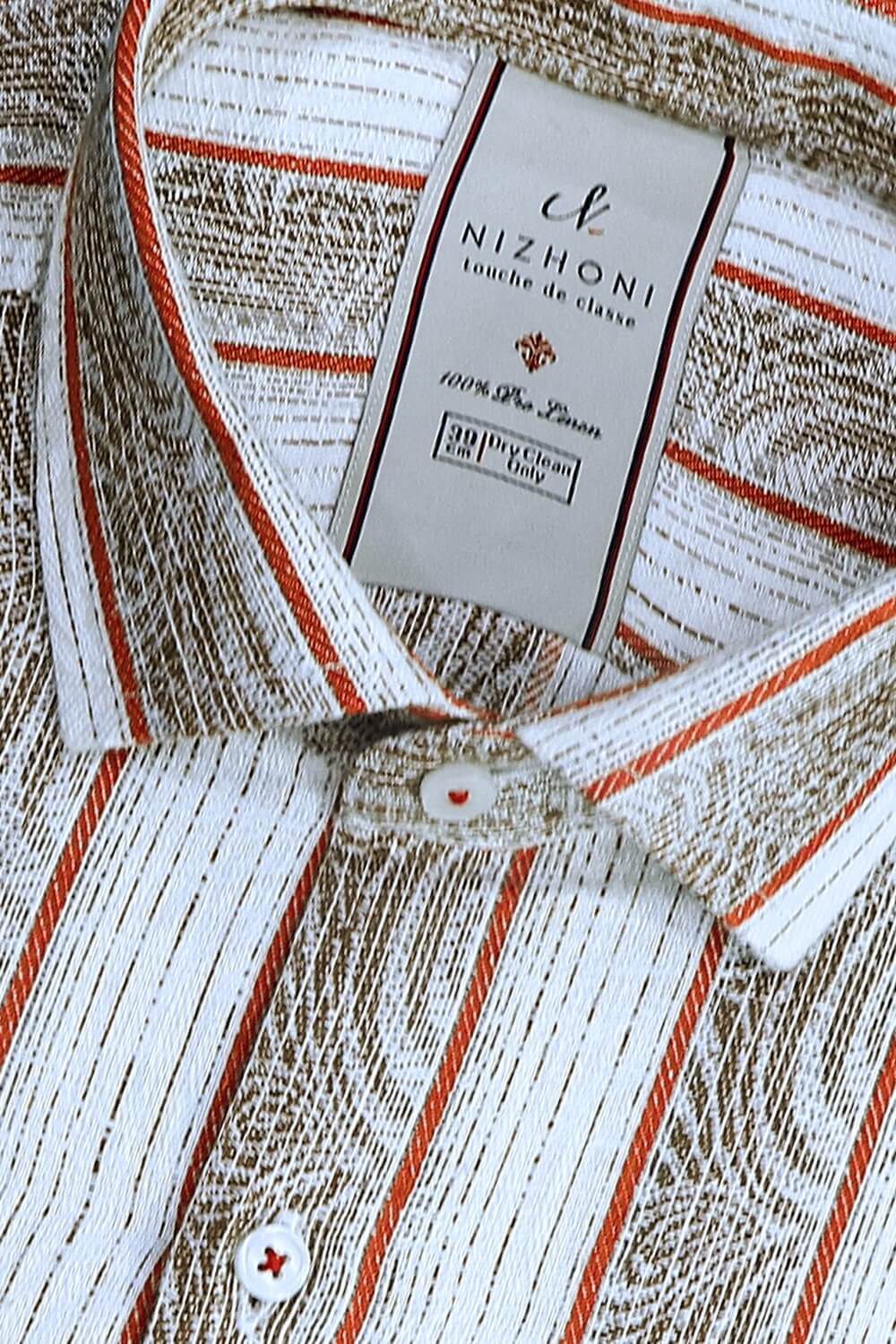 Cream Jaquard Stripes Pro Linen Slim Fit Shirt 928