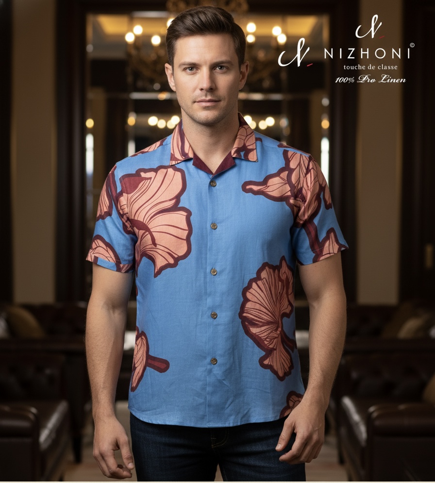 <p>BLUR WITH PINK FLORAL DESIGN HALF SLEEVE SLIM FIT SHIRT</p>