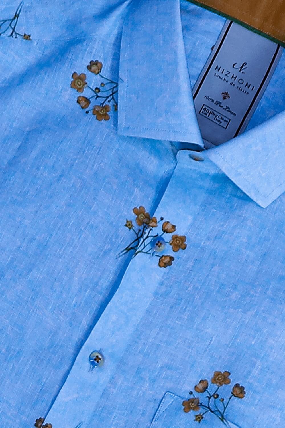 Blue Leves Print Pro Linen Shirt 8625